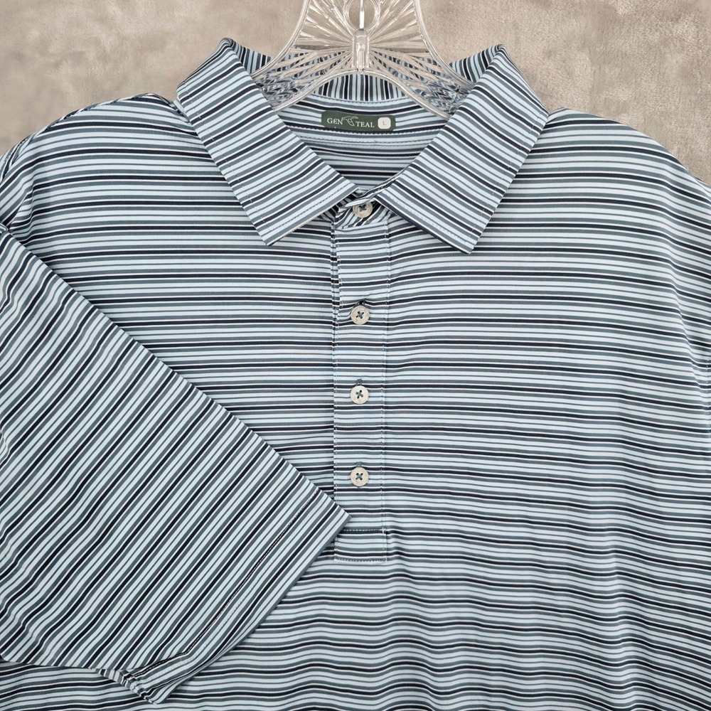 GenTeal Vista Performance Polo Mens Large Blue Striped Short Sleeve Shirt